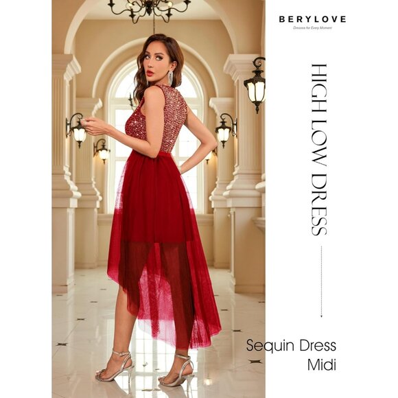 BeryLove Women Tulle Sequin Red Chiffon Scoop Neck Sleeveless Cocktail Dresses - Picture 4 of 7
